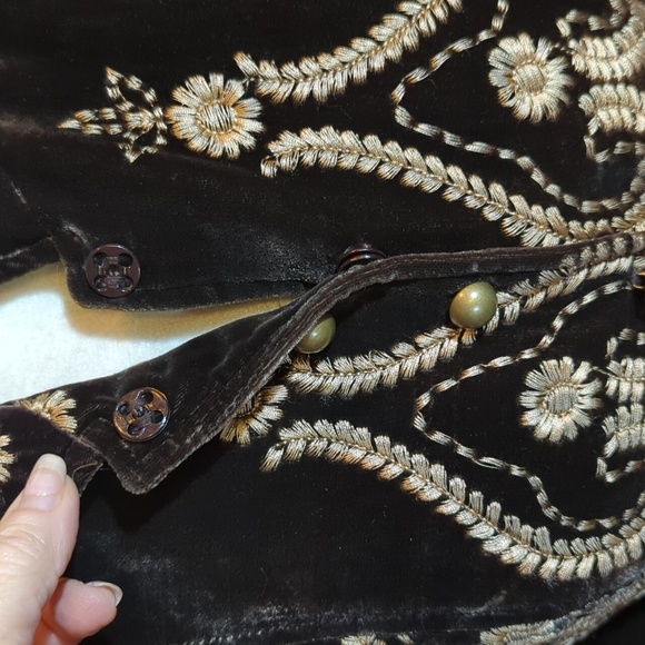 People Like Frank Anthropologie Brown Peplem Velvet Blazer Gold Embroidery Sz XS - Picture 8 of 14